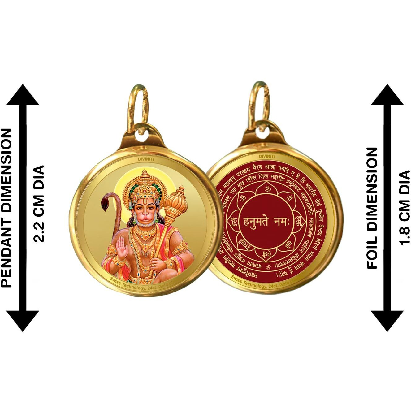 Diviniti 24K Gold Plated Hanuman Ji & Yantra Double Sided Pendant for Showpiece Positive Energy and Protection Religious locket for Health & Wealth Idol for gift love one and Family member18MM