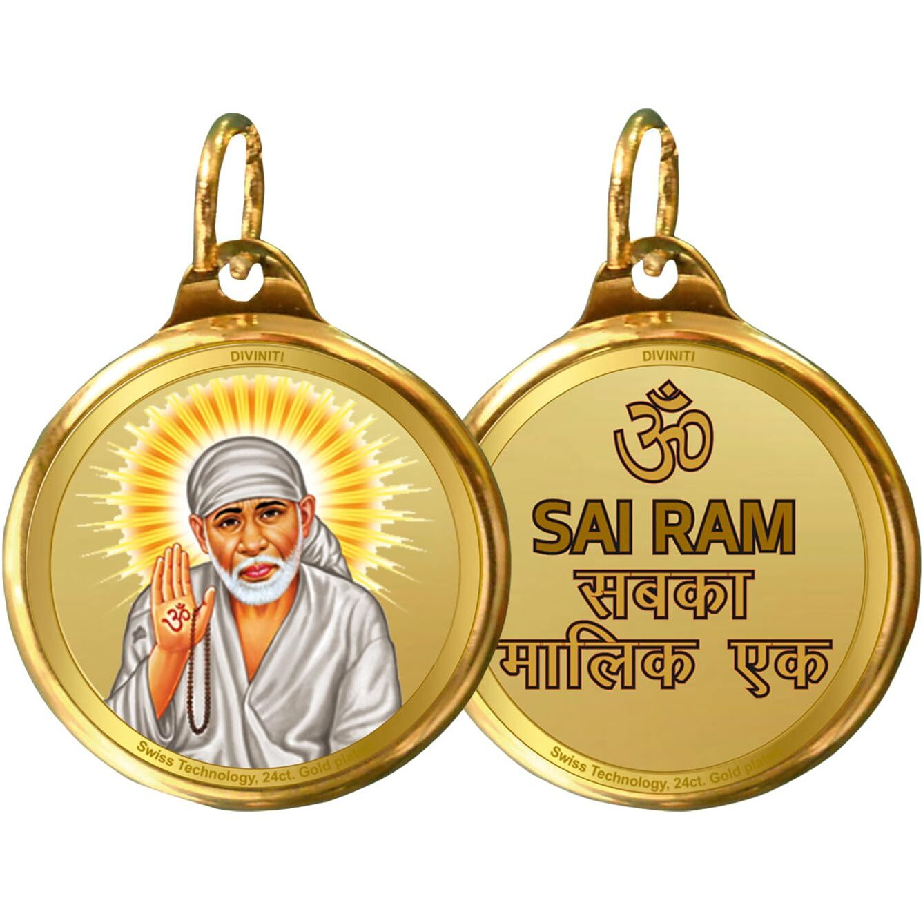 Diviniti 24K Double sided Gold Plated Pendant SAI BABA & OM|18 MM Flip Coin for Men, Women & Children |Good Health & Wealth | Idol for gifting loved ones on any occasion (1 PCS)