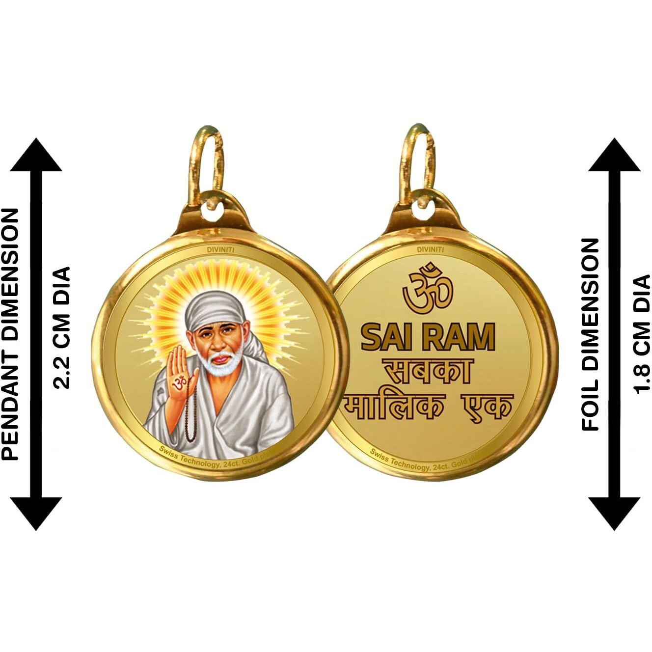 Diviniti 24K Double sided Gold Plated Pendant SAI BABA & OM|18 MM Flip Coin for Men, Women & Children |Good Health & Wealth | Idol for gifting loved ones on any occasion (1 PCS)