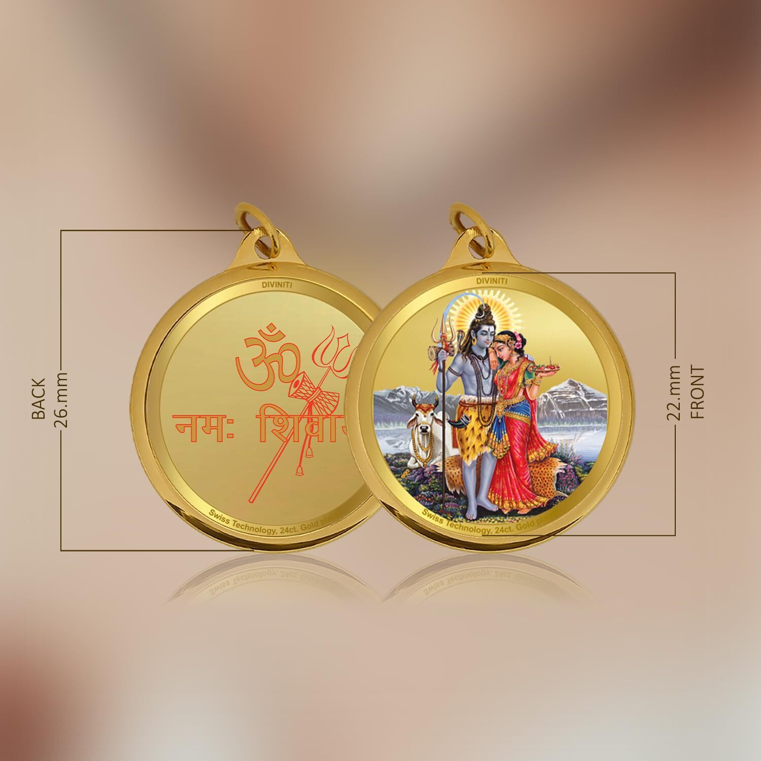 Diviniti 24K Gold Plated Shiva Parvati & Om Namah Shivay Pendant For Men, Women & Kids 22 MM Double Sided Stylish Pendant Necklace For Girls God Pendant For Birthday Gift & Anniversary