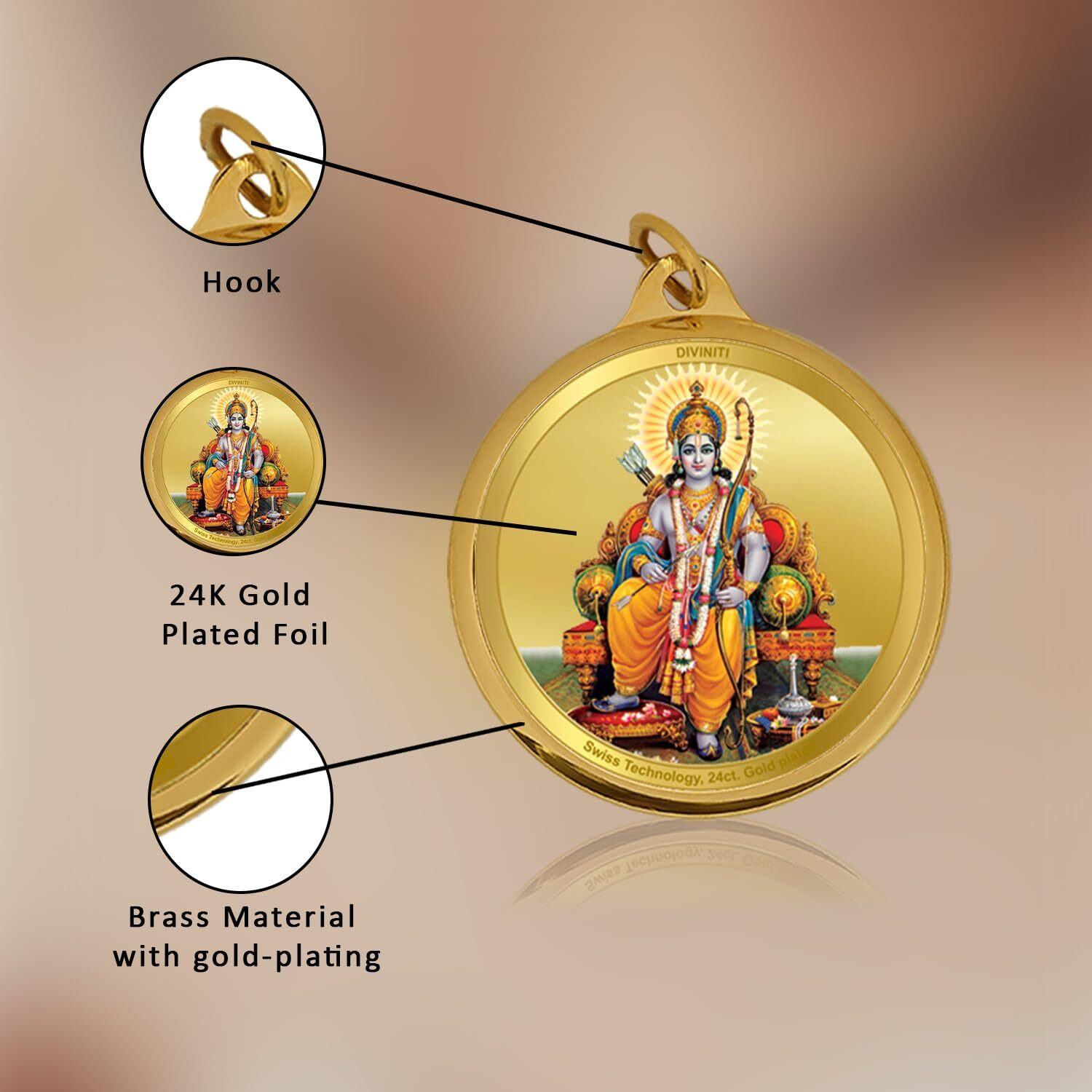 Diviniti 24K Gold Plated Ram Ji & Jai Shri Ram Pendant For Men, Women & Kids 18 MM Double Sided Stylish Pendant Necklace For Girls Divine God Pendant For Birthday Gift, Anniversary Gift