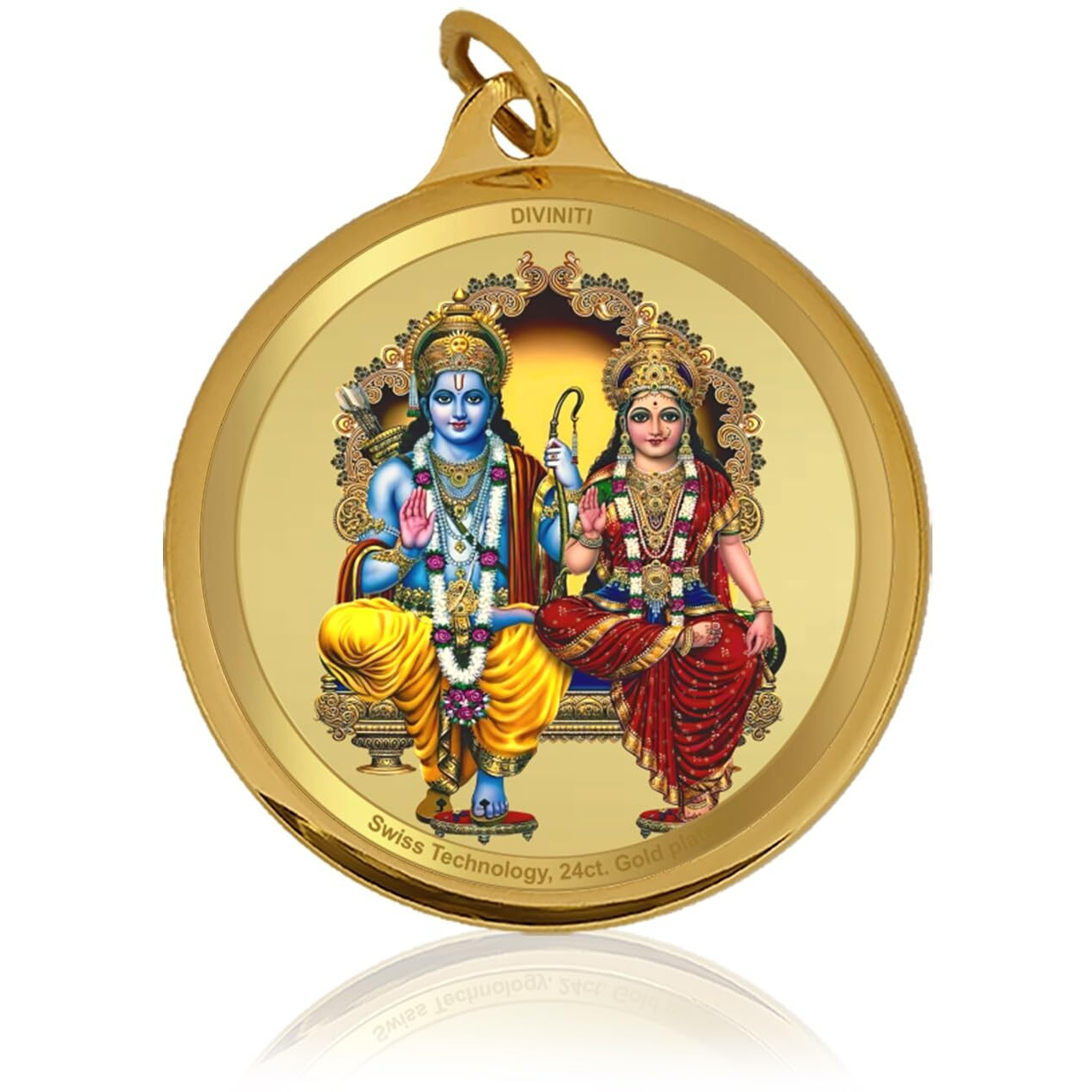 Diviniti 24K Gold Plated Ram Sita & Hanuman Ji Pendant For Men, Women & Kids 18 MM Double Sided Stylish Pendant Necklace For Girls Divine God Pendant For Birthday Gift, Anniversary Gift