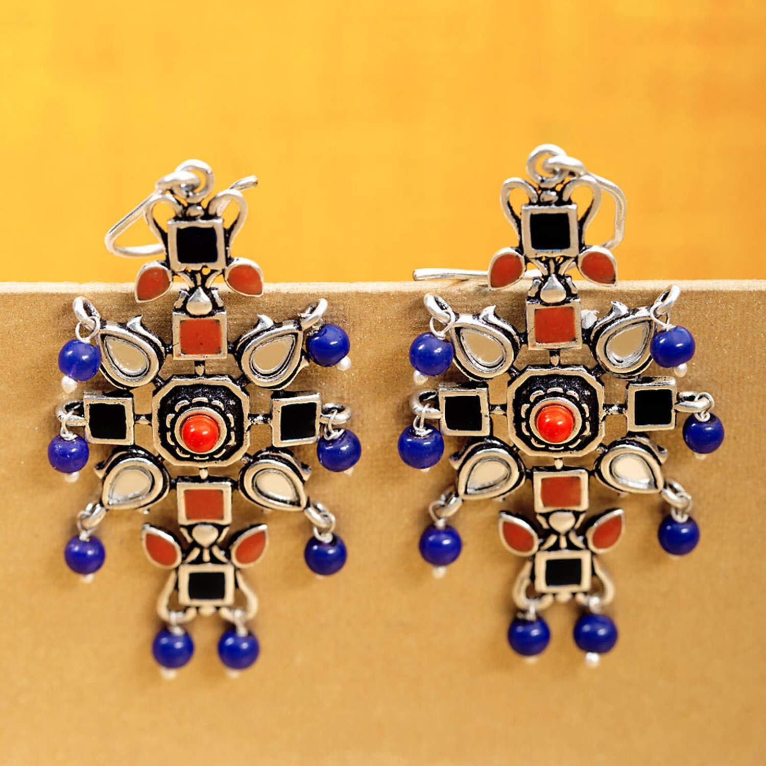 Voylla Oxidised Silver Plating Kesar Tribal Jewelry Inspired Earrings Blue Red Pearl Beads Studed for Women and Girls