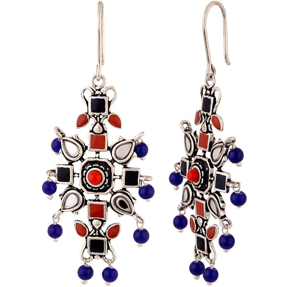 Voylla Oxidised Silver Plating Kesar Tribal Jewelry Inspired Earrings Blue Red Pearl Beads Studed for Women and Girls