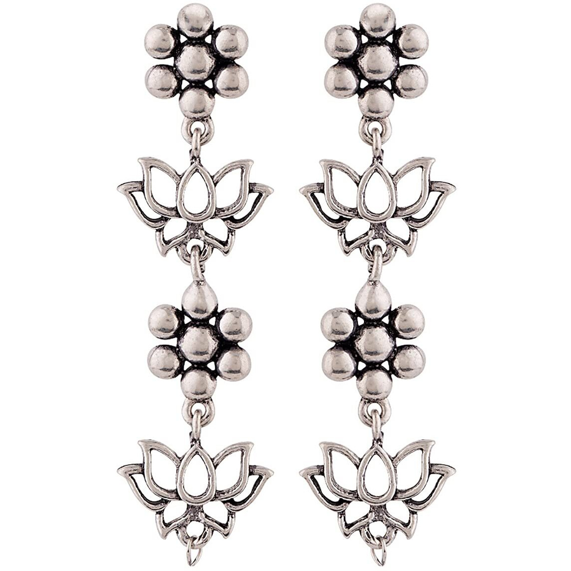 Voylla Brass Oxidised Silver Plating Layered Floral Dangler Earrings for Women and Girls, Suitable for Work Wear