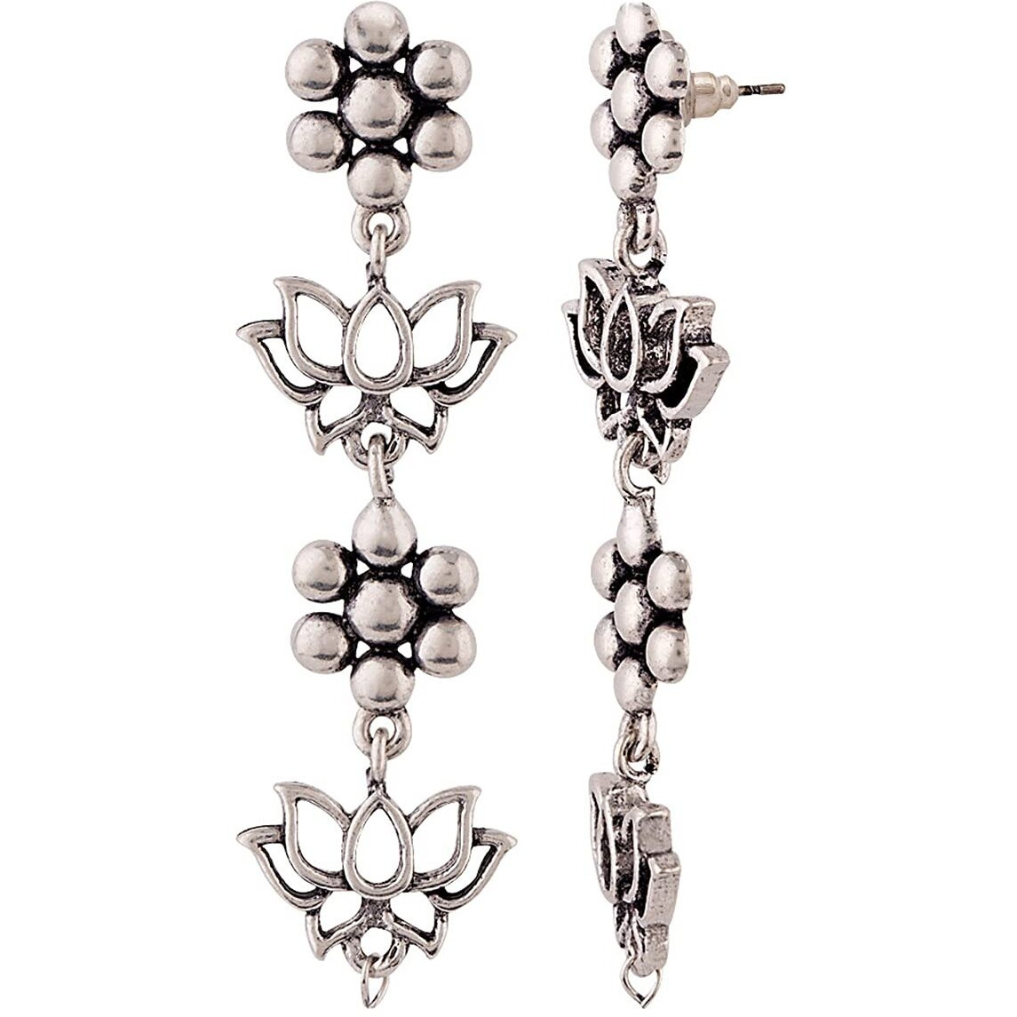 Voylla Brass Oxidised Silver Plating Layered Floral Dangler Earrings for Women and Girls, Suitable for Work Wear