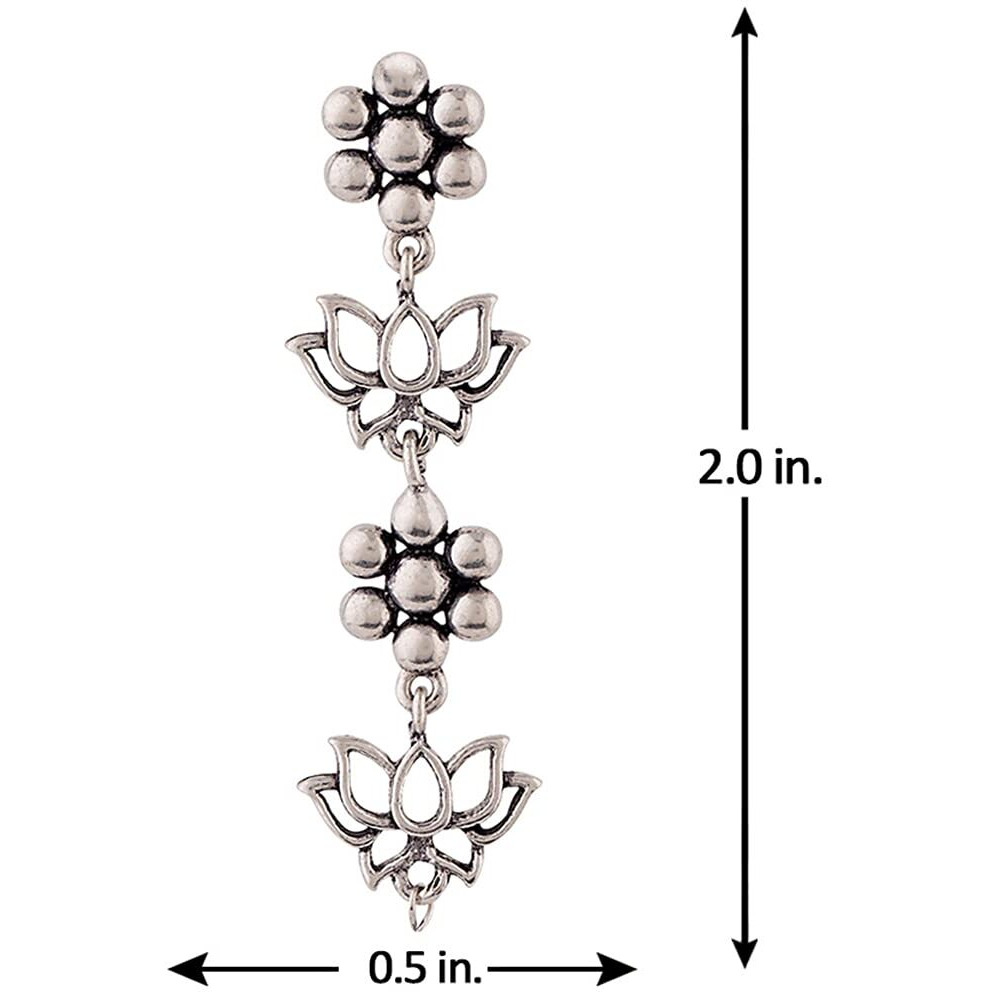 Voylla Brass Oxidised Silver Plating Layered Floral Dangler Earrings for Women and Girls, Suitable for Work Wear