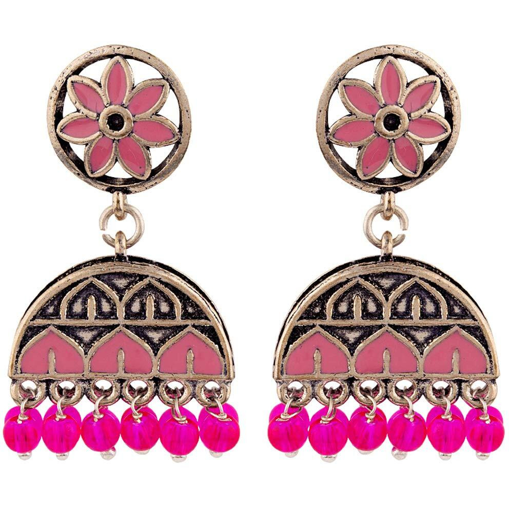 Voylla Oxidised Silver Plating Brass Rangabati Pink Embellishments Jhumkis Earrings for Women