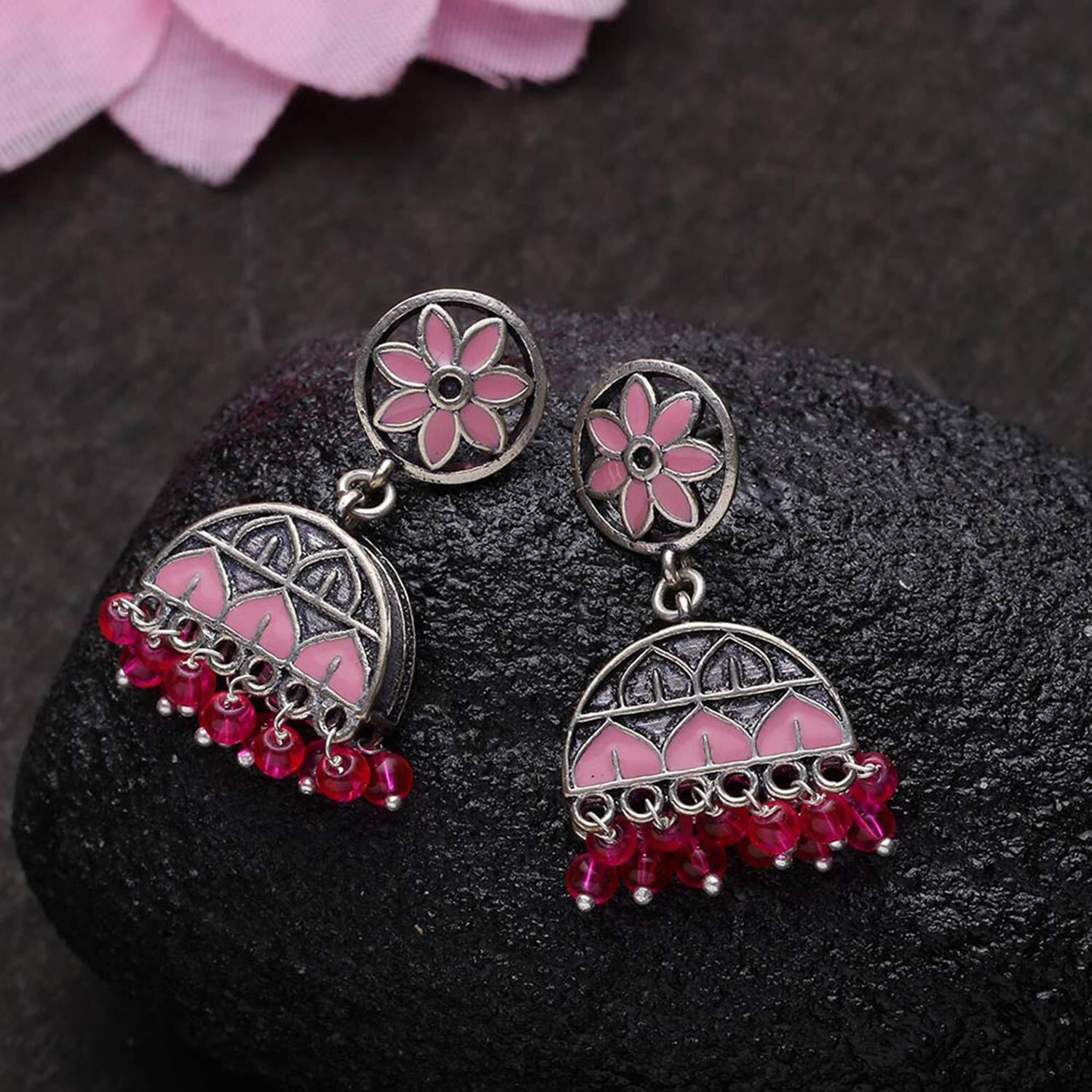 Voylla Oxidised Silver Plating Brass Rangabati Pink Embellishments Jhumkis Earrings for Women