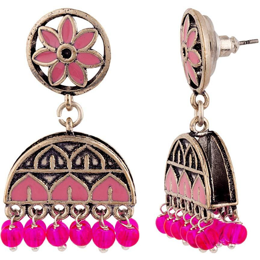 Voylla Oxidised Silver Plating Brass Rangabati Pink Embellishments Jhumkis Earrings for Women