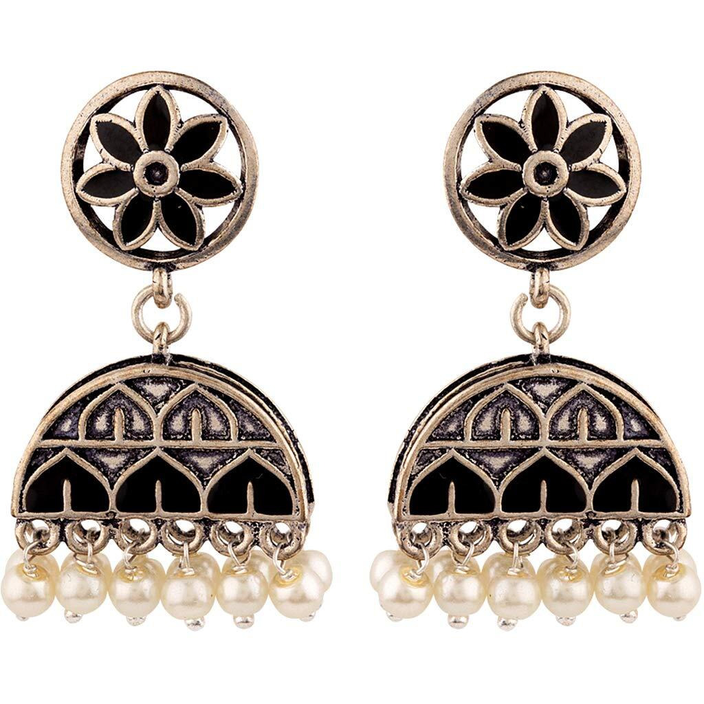 Voylla Oxidised Silver Plating Brass Rangabati Black Embellishments Jhumkis Earrings for Women and Girls