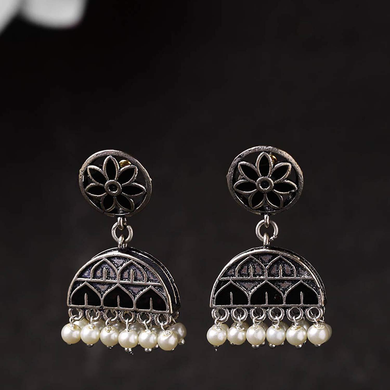 Voylla Oxidised Silver Plating Brass Rangabati Black Embellishments Jhumkis Earrings for Women and Girls