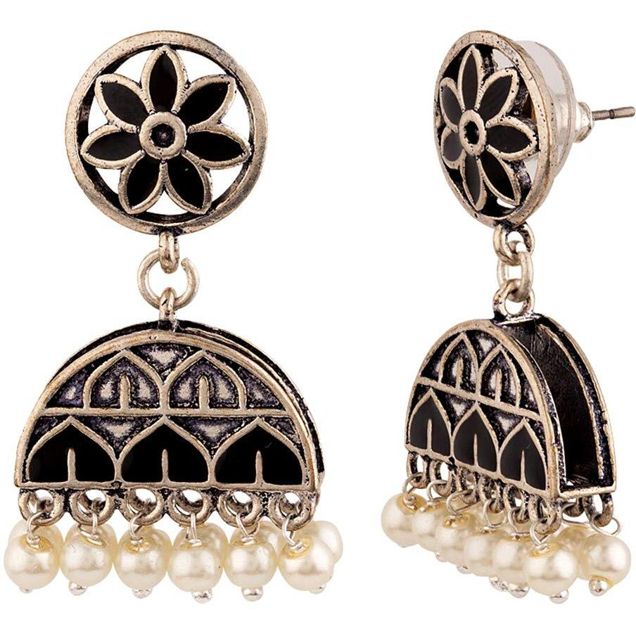 Voylla Oxidised Silver Plating Brass Rangabati Black Embellishments Jhumkis Earrings for Women and Girls