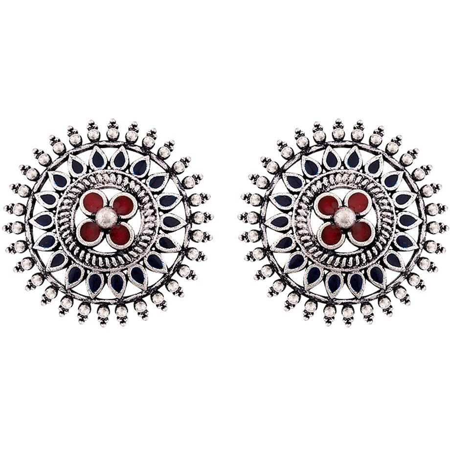 Voylla Ethnic Silver Oxidised Plating Brass Mandala Design Floral Stud with Red Stone Enamelled Oxidized Round shaped Stud Earrings for Women and Girls