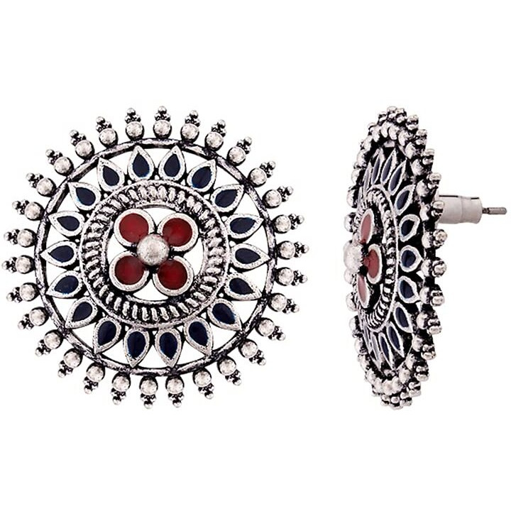 Voylla Ethnic Silver Oxidised Plating Brass Mandala Design Floral Stud with Red Stone Enamelled Oxidized Round shaped Stud Earrings for Women and Girls