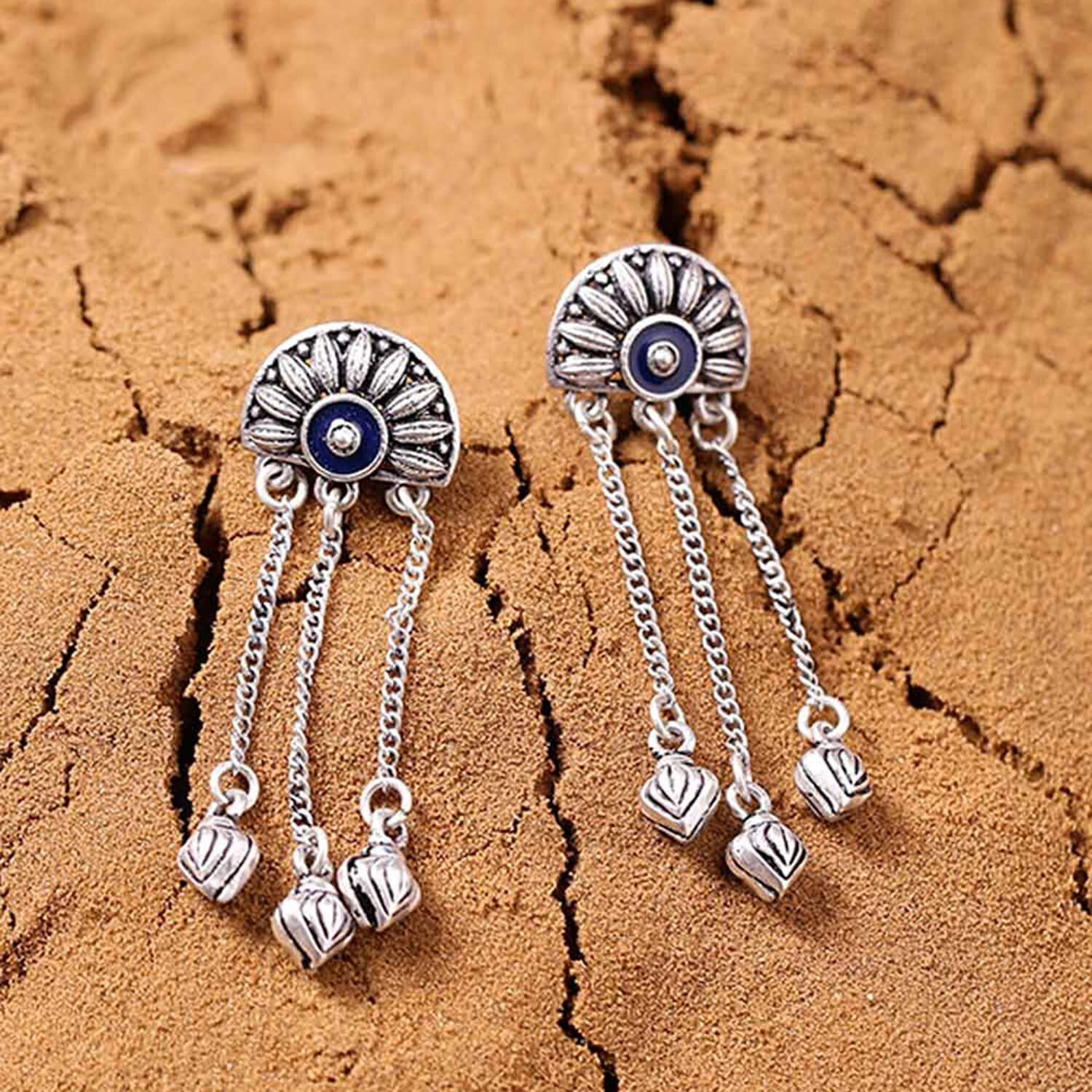 Voylla Traditional Oxidised Silver Plating Brass Mandala Half Moon half circle Floral Design Oxidized Long Tassels Dangle & Drop Earrings for Women and Girls