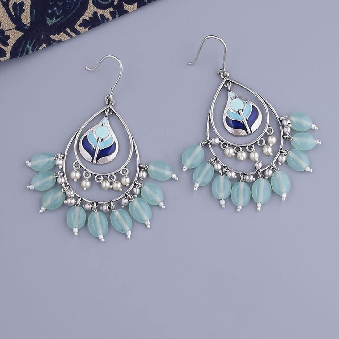 Voylla Silver Brass Bagh E Fiza Green Beads Oxidised toned Pastel Colourful Enamelled Embellished Leaf Design Dangle & Drop Earrings for Women and Girls