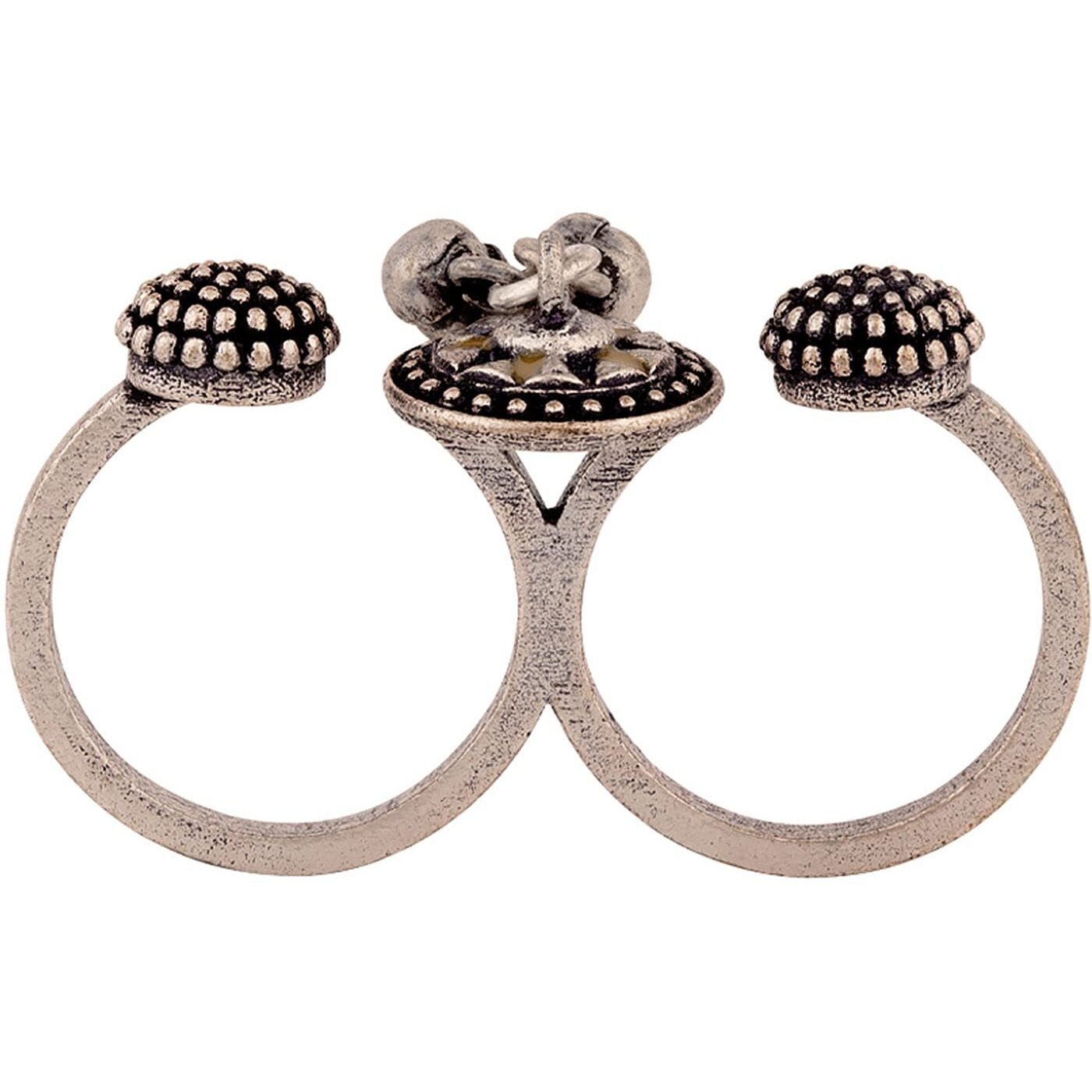 VOYLLA Brass Silver Oxidised Two-Finger Boho/Trible Style Statement Ring for Women and Girls