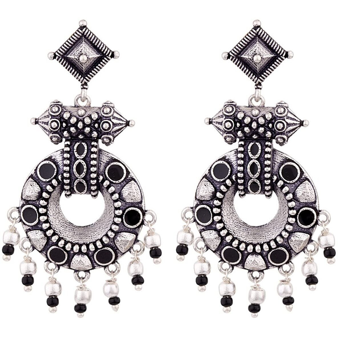 Voylla Oxidised Silver Brass Lightly Embellished Black Drop Boho Style Earrings for Women and Girls