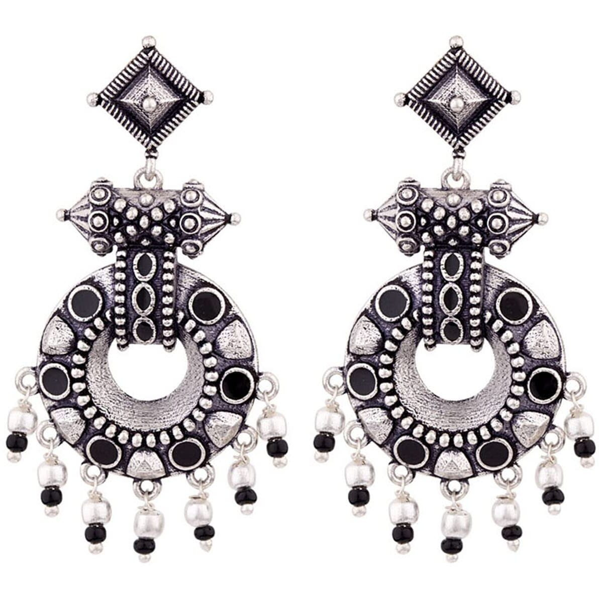 Voylla Oxidised Silver Brass Lightly Embellished Black Drop Boho Style Earrings for Women and Girls