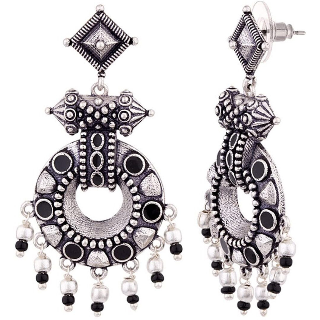 Voylla Oxidised Silver Brass Lightly Embellished Black Drop Boho Style Earrings for Women and Girls