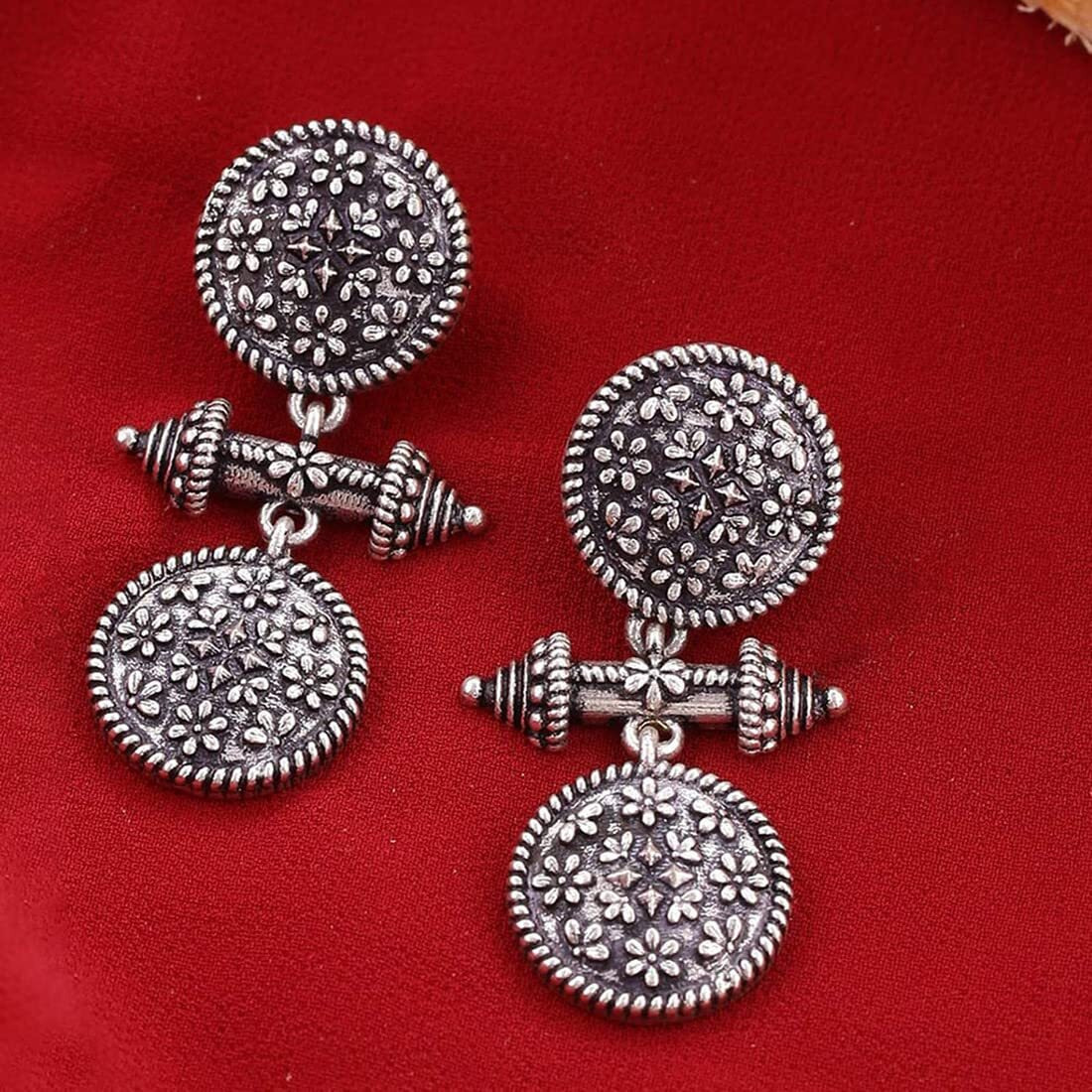 Voylla Traditional Oxidised Silver Plating Brass Oxidized Round Geometric Pattern Floral Boho Style Floral Dangle Earrings for Women and Girls