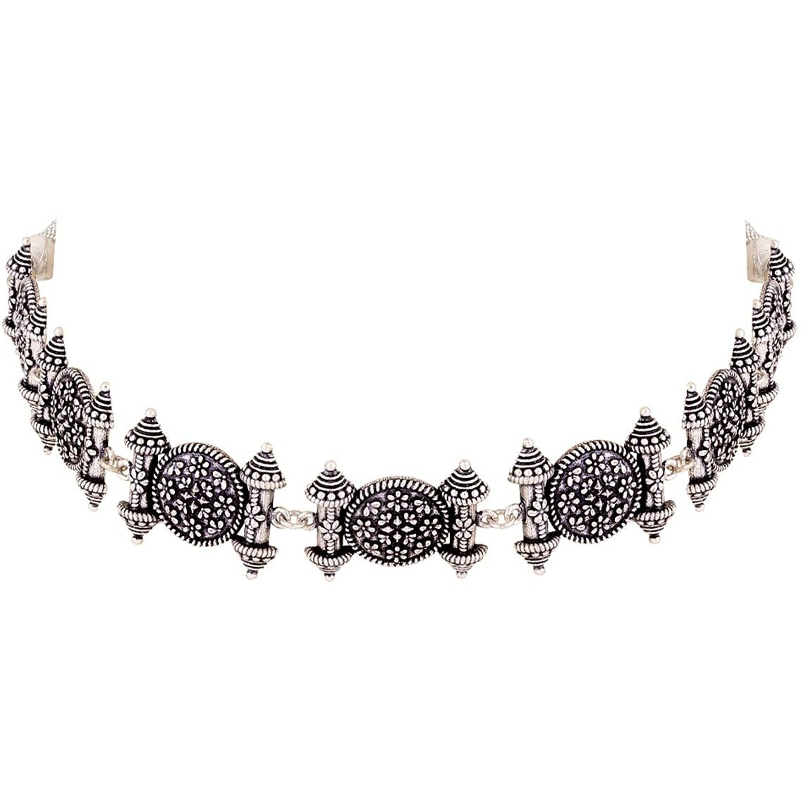 Voylla Silver Oxidised Brass Temple Design Boho/Tribal Style Chokker Necklace for Women and Girls