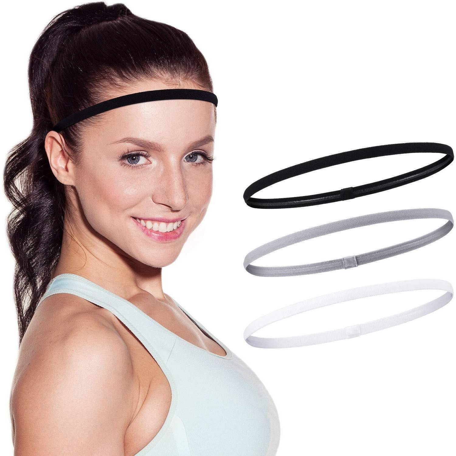 Seeotwo 3 Pieces Thick and Slim Non-Slip Elastic Sports Headbands - Athletic Skinny Hair Headband for Women, Men, Boys, Girls - Silicone Grip Hairband Mini Stylish Sweat Hair Band (Black, White, Grey)