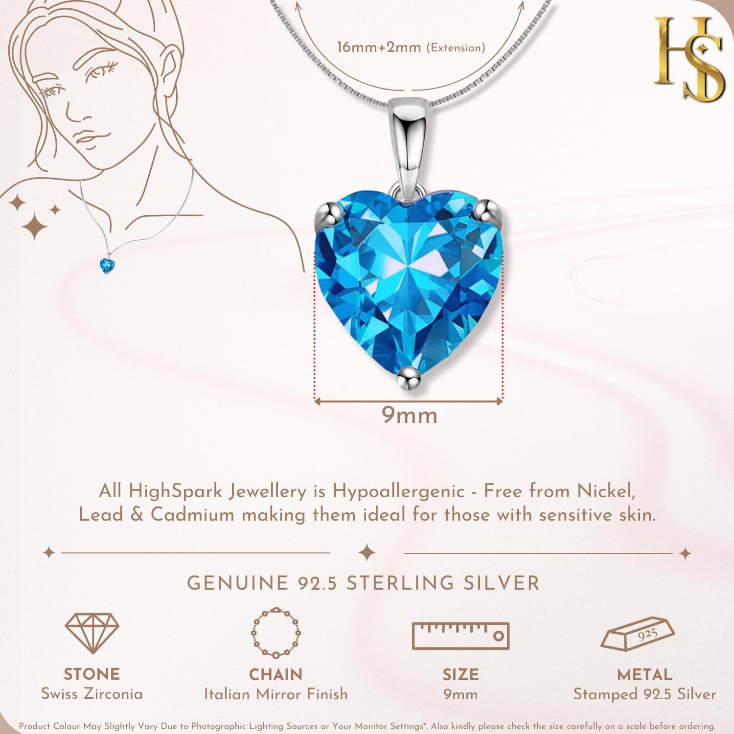 HighSpark 925 Silver Solitaire Heart Pendant with Chain For Women | 92.5 Sterling Silver & Diamond like Brilliance Sparkling Zirconia for that Stunning Shine | Lovely Gift - Blue 9mm