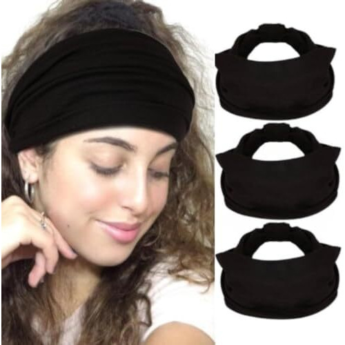 Seeotwo 3 Pack Wide Knotted Headbands For Women Men Girls Soft Elastic Non Slip Bohemian Unisex Chic Microfiber Hair Bands Gym Fitness Sports Running Yoga Fashion Head Wraps African Boho Turban Bandana (Black, Black, Black)