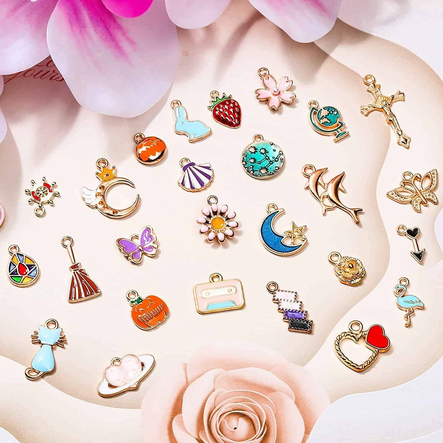 Street27 54pcs Mixed Assorted Gold Plated Enamel Pendants Animal Moon Star Fruit Charm Pendant DIY for Necklace Bracelet Jewelry Making and Crafting (Mixed Enamel Charms)