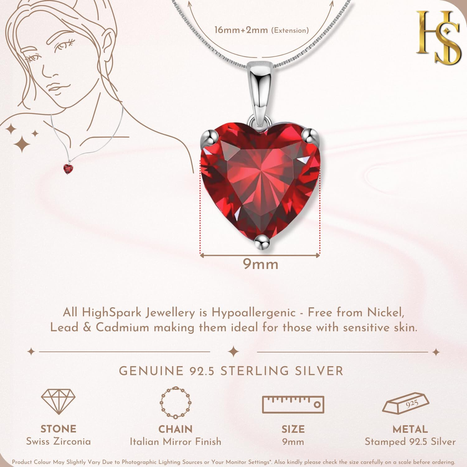 HighSpark 925 Silver Solitaire Heart Pendant with Chain For Women | 92.5 Sterling Silver & Diamond like Brilliance Sparkling Zirconia for that Stunning Shine | Lovely Gift - Red 9mm