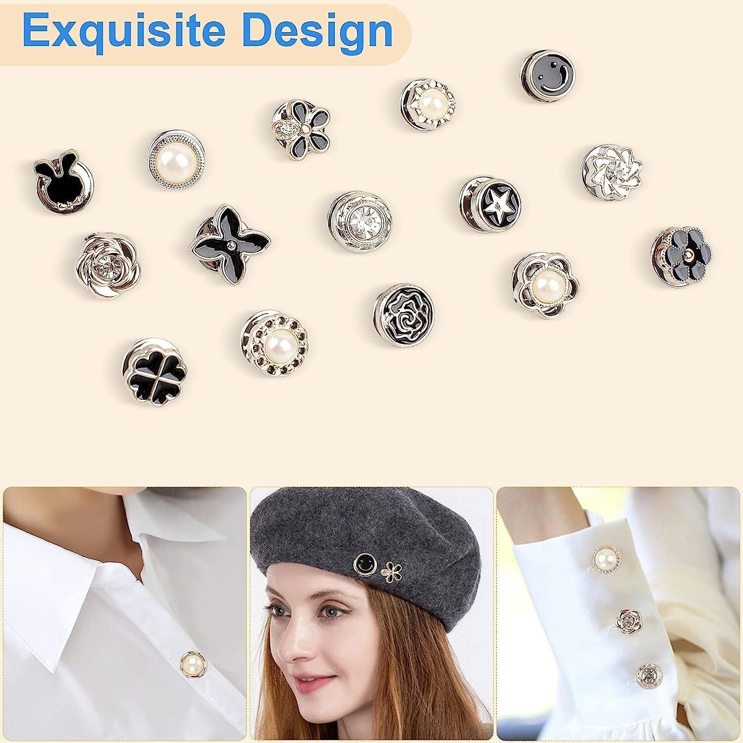 HEAVY DRIVER 30pcs Brooch Pins for Women Cover Up Button Pins Instant Button Jeans Button Pins Women Shirt Safety Brooch Enamel Pins Pearl Rhinestone Brooch Buttons for Shirt Coat Dress Sweater (B)