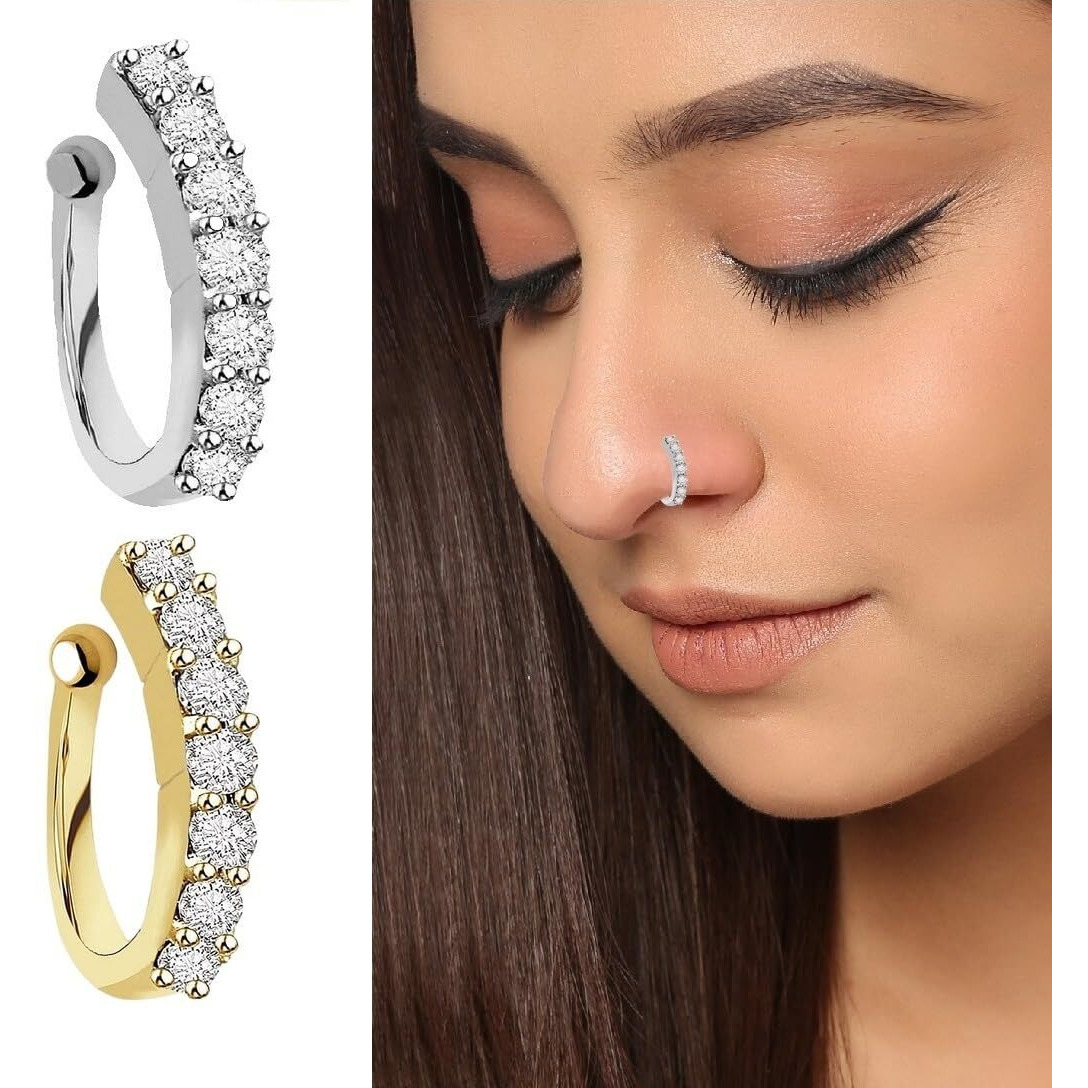 VAMA FASHIONS Clip on Nosepin Without Piercing Pressing Type Nose rings Stud for Women - Combo 2pcs Gold & Silver