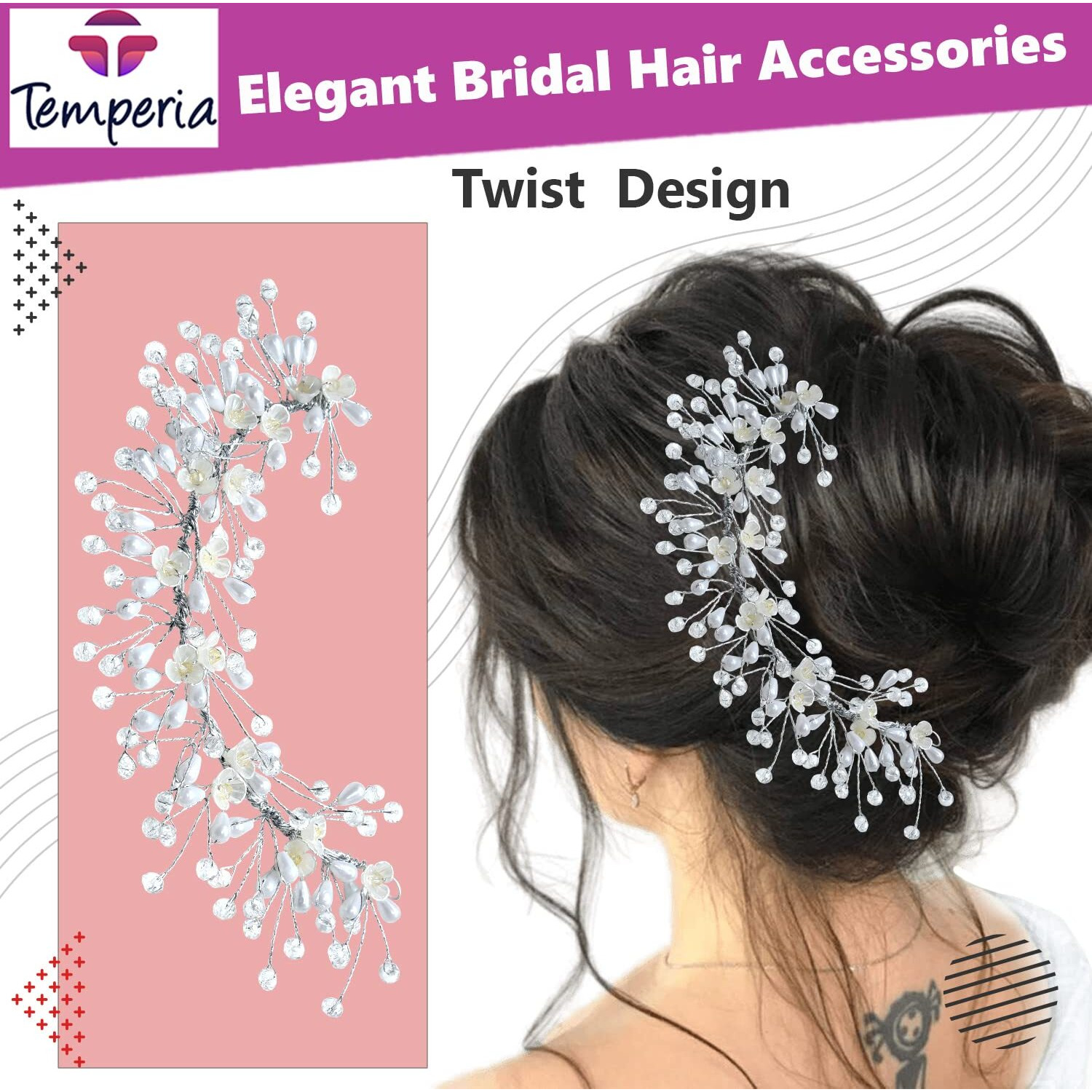 TEMPERIA Hair Accessories For Womens & Girls For Wedding - Artificial Flowers & Pearl Style Juda Bun Accessories - Floral Bridal Brooch & Hair Pins - Hairstyle Decoration Bride Clips, Silver White