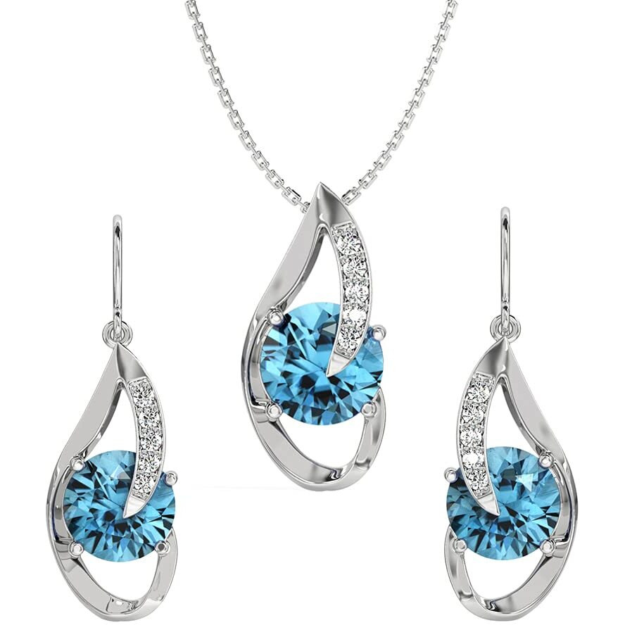 Clara 925 Sterling Silver Sky Blue Eye Pendant Earring Chain Jewellery Set | Rhodium Plated, Swiss Zirconia | Gift for Women & Girls