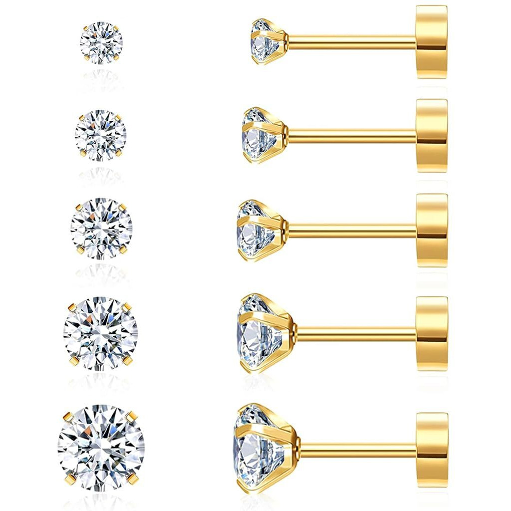 SANNIDHI 5 Pairs Earrings for Women Flat Back Gold Cartilage Stud Earrings Cubic Zirconia 316L Stainless Steel Earrings Hypoallergenic Nickel-Free Earrings - 3/4/5/6/8mm