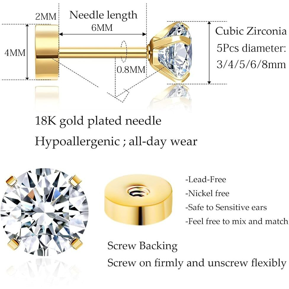 SANNIDHI 5 Pairs Earrings for Women Flat Back Gold Cartilage Stud Earrings Cubic Zirconia 316L Stainless Steel Earrings Hypoallergenic Nickel-Free Earrings - 3/4/5/6/8mm