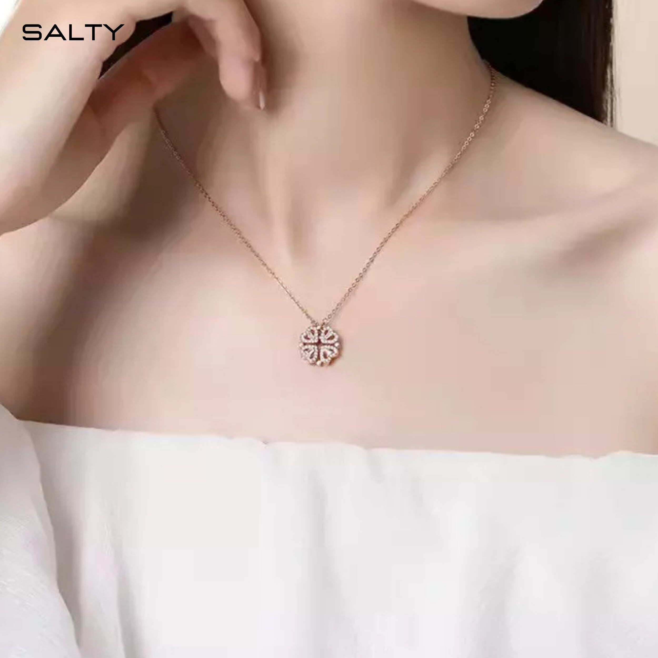 Salty 2-Way Multi Wearing Magnetic Heart Pendant for Women & Girls | Anti-Tarnish | Clover Necklace | Neck Chain | Locket | Fancy & Stylish | Birthday Gift | Aesthetic Jewellery | Everyday Accessories