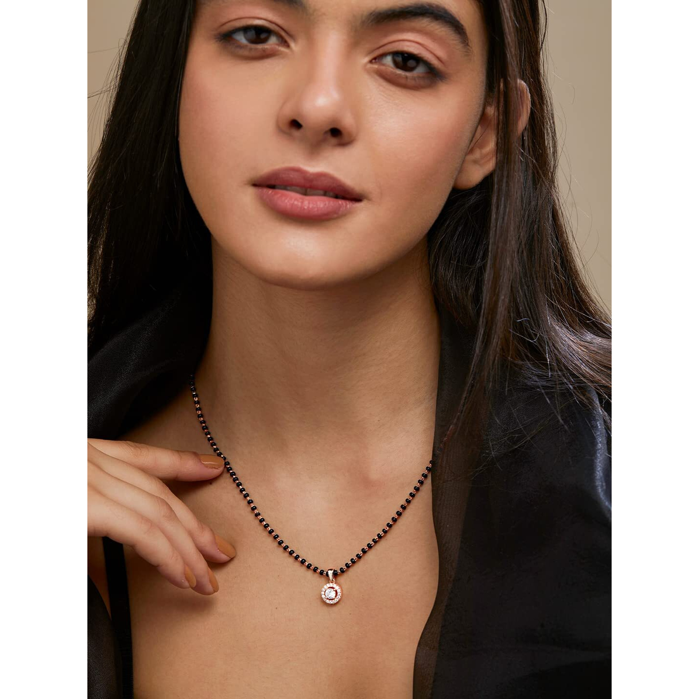 MINUTIAE Stylish Pendant Necklace Black Beads For Women With Extendable Chain (Rose Gold) Solitaire Mangalsutra