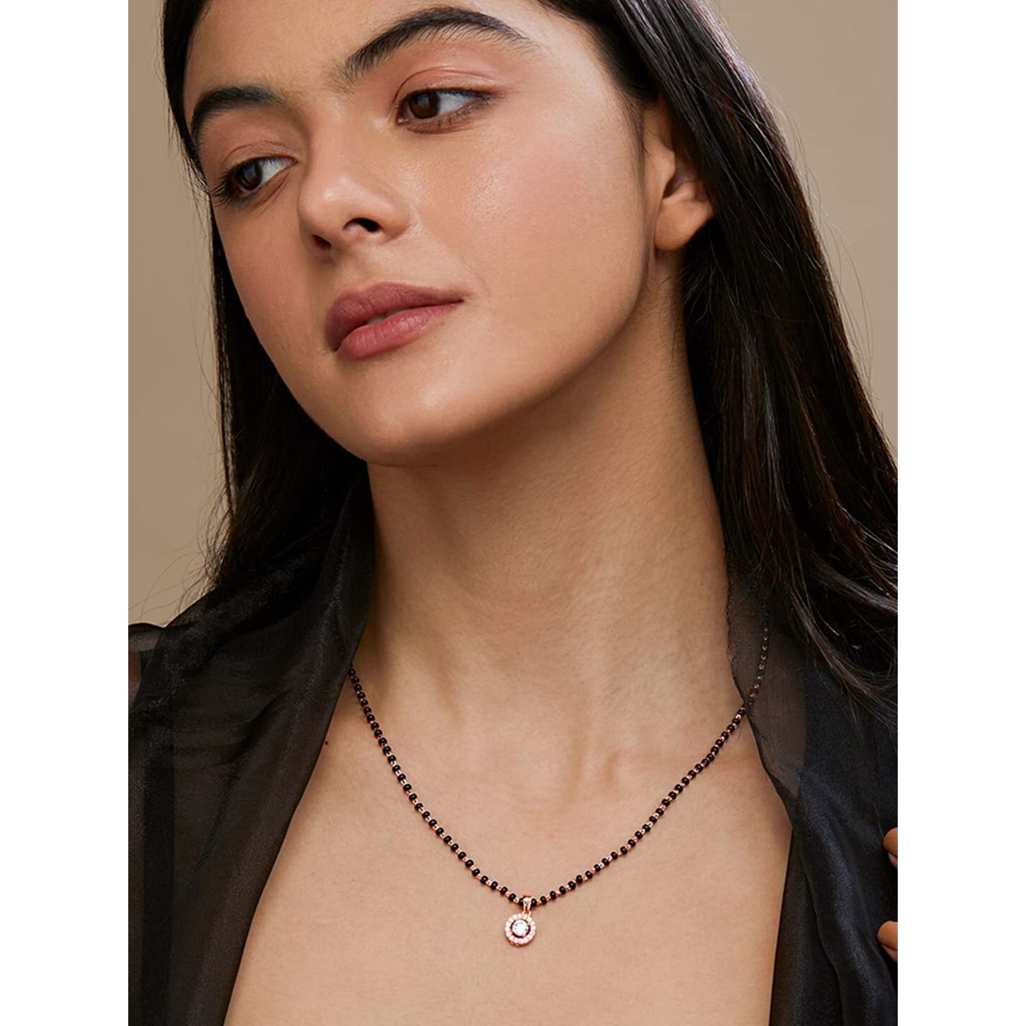 MINUTIAE Stylish Pendant Necklace Black Beads For Women With Extendable Chain (Rose Gold) Solitaire Mangalsutra