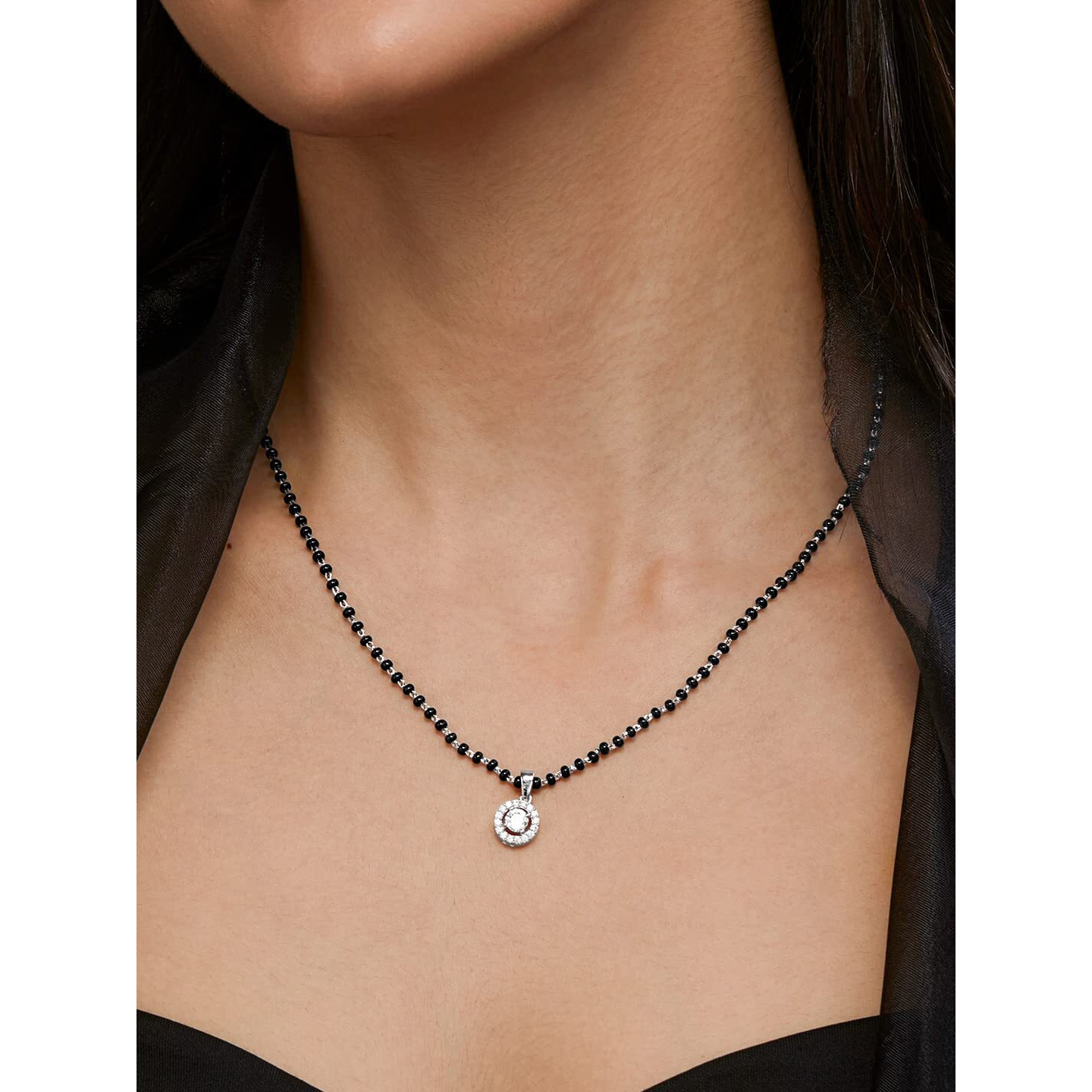 MINUTIAE Stylish Solitaire Mangalsutra Pendant Necklace Black Beads For Women With Extendable Chain (Silver)