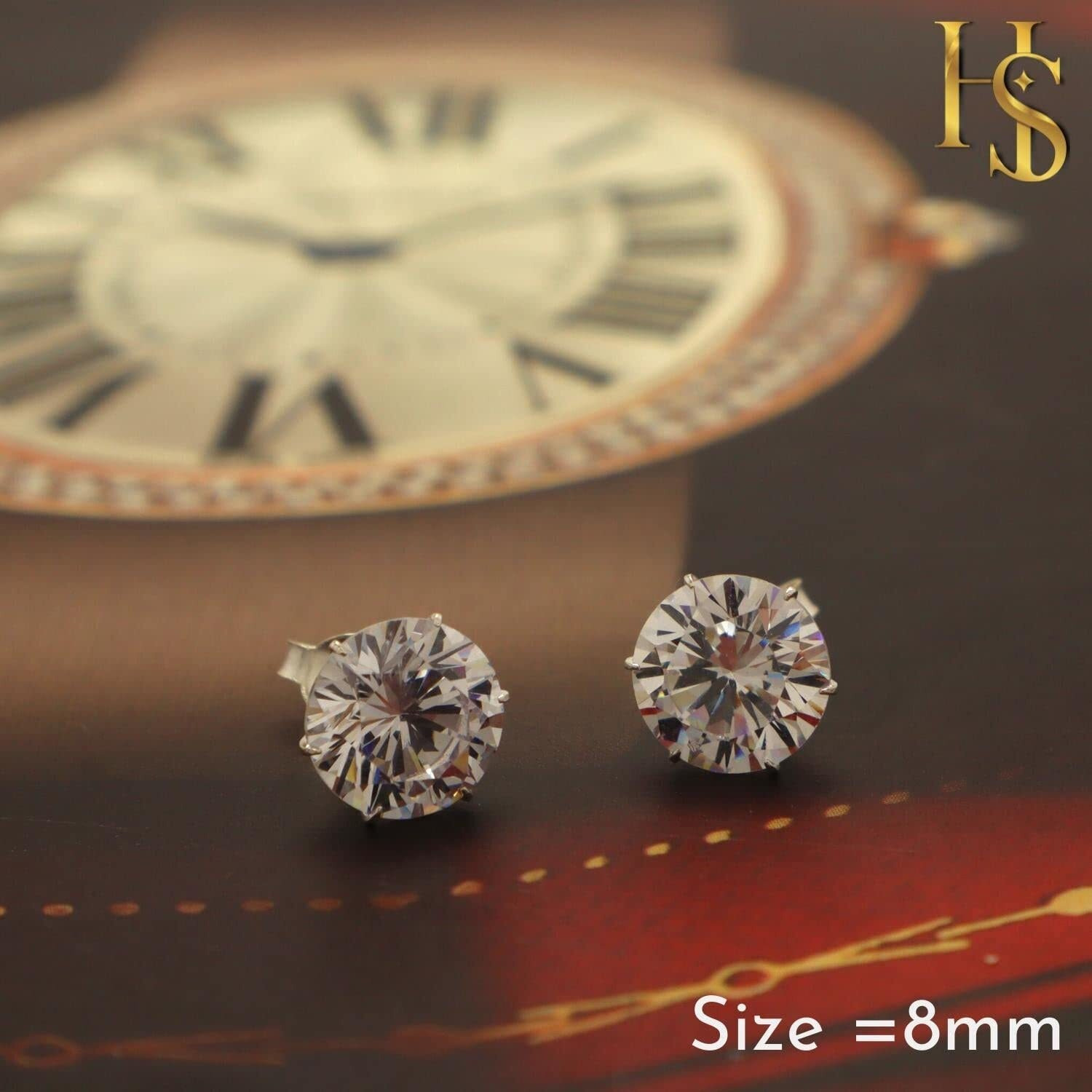 HIGHSPARK 925 Silver Solitaire Stud Earrings | 92.5 Sterling Silver & Round Brilliant Cubic Zirconia Tops for Men Women | Silver 8mm