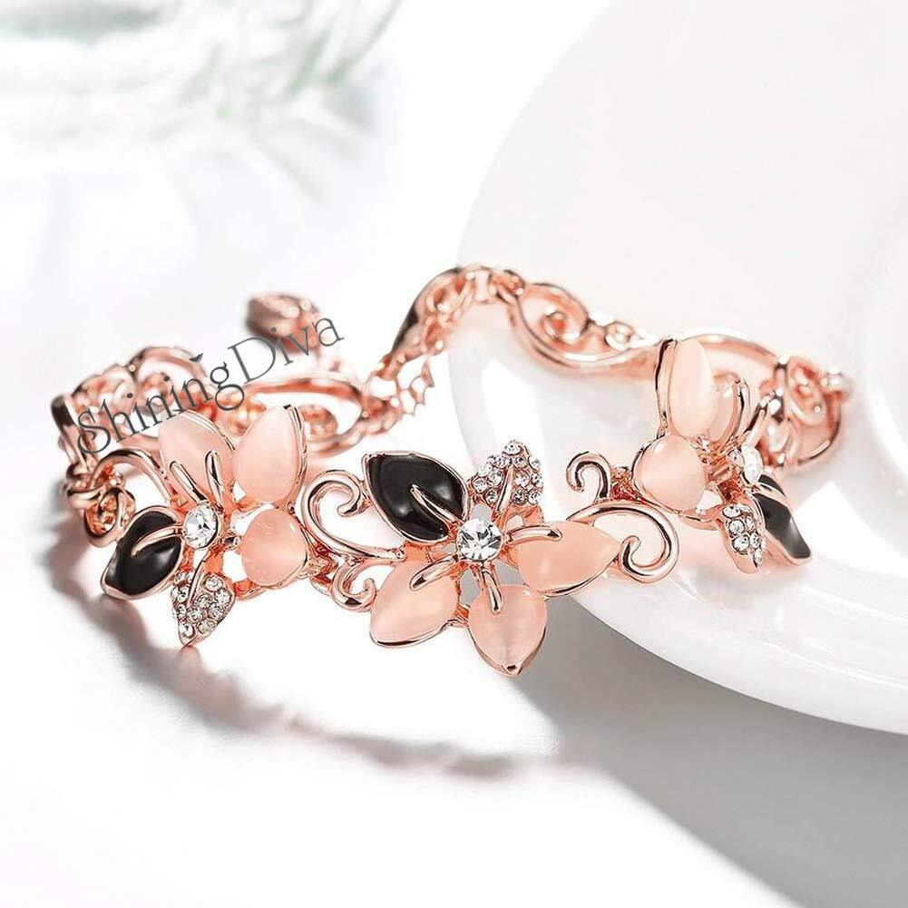 Shining Diva Fashion Stylish Rose Gold Crystal Flower Charm Rhinestone Cubic Zirconia Bracelet for Women (10334b, Rose Gold)