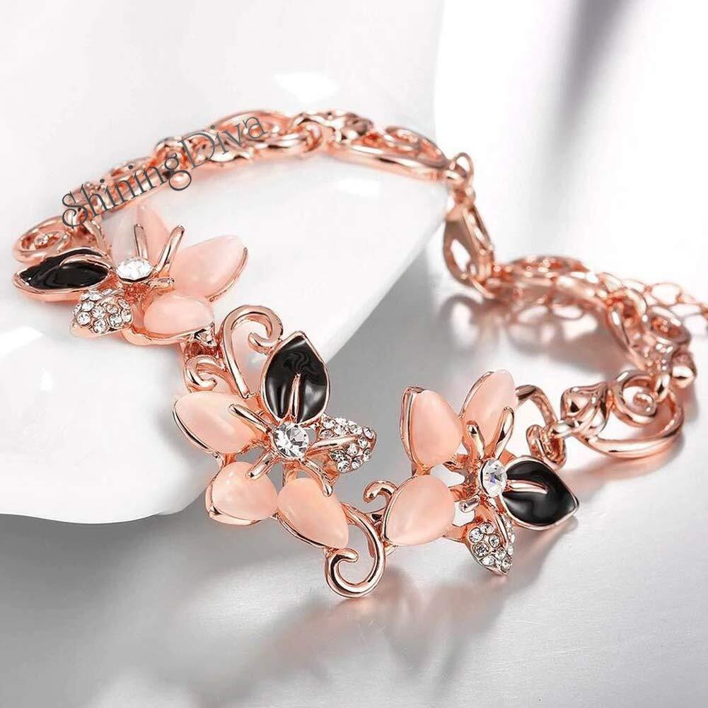 Shining Diva Fashion Stylish Rose Gold Crystal Flower Charm Rhinestone Cubic Zirconia Bracelet for Women (10334b, Rose Gold)