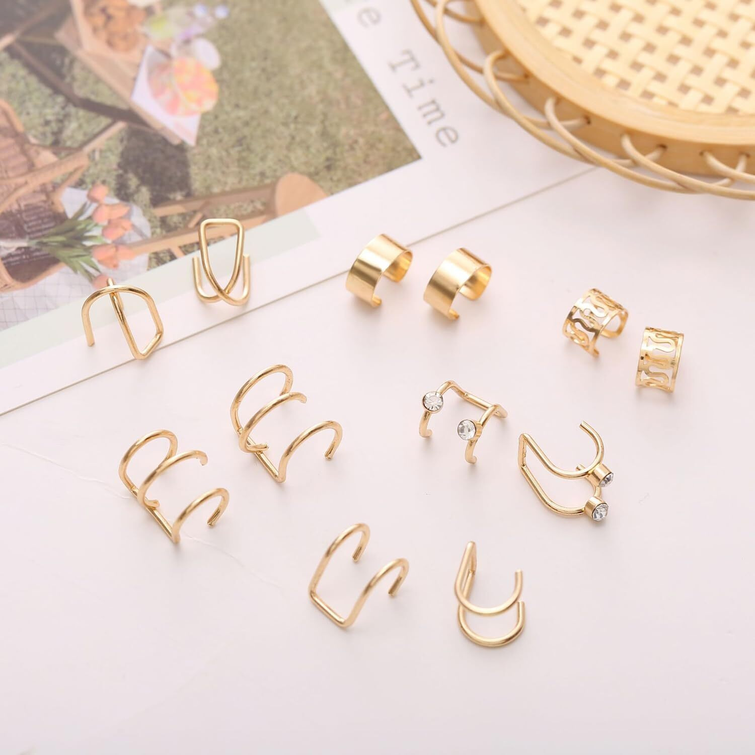 Shining Diva Fashion Latest Stylish 12 Pcs Combo Clip On Ear Cuff Earrings for Women and Girls (14903er)(Gold)