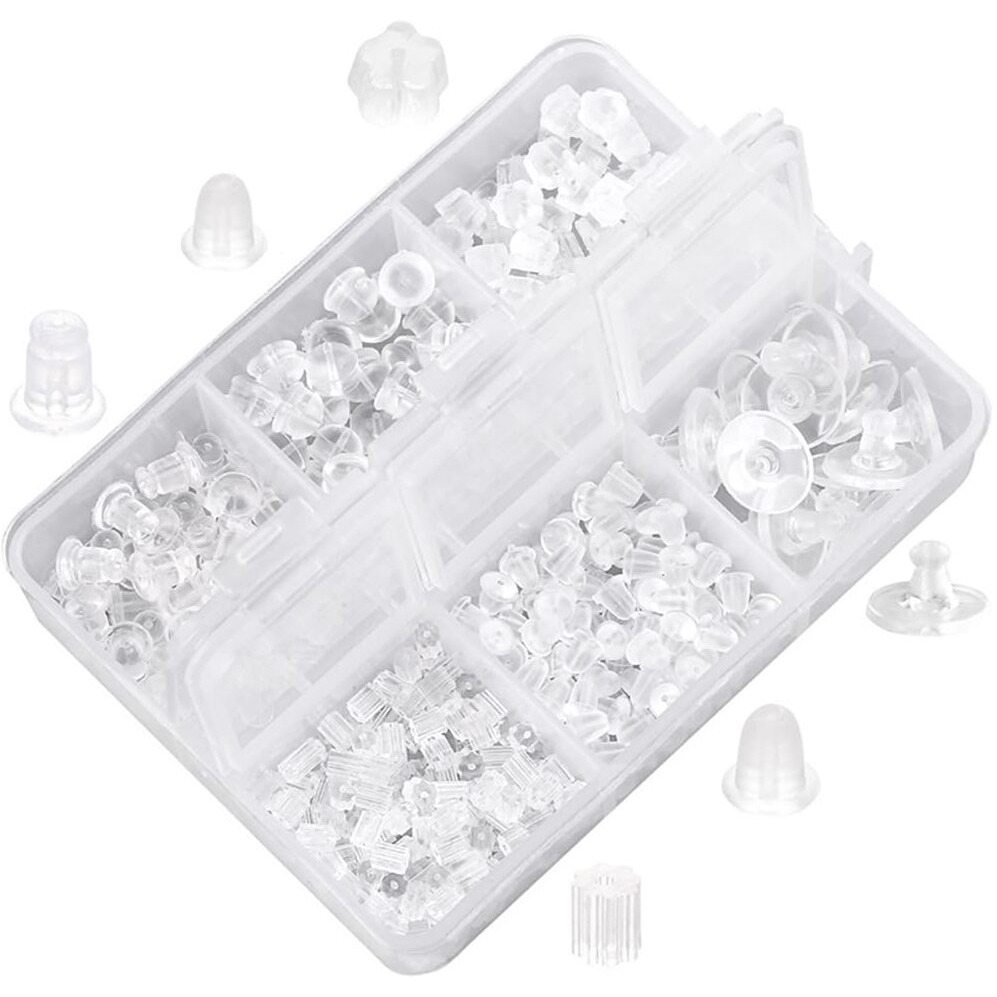 MAYCREATE 600Pcs Earring Backs for Ear Studs, 6 Styles Soft Clear Earring Clutch Stoppers, Hypoallergenic Locking Earring Accessories Replacement Kits for Hook Earrings