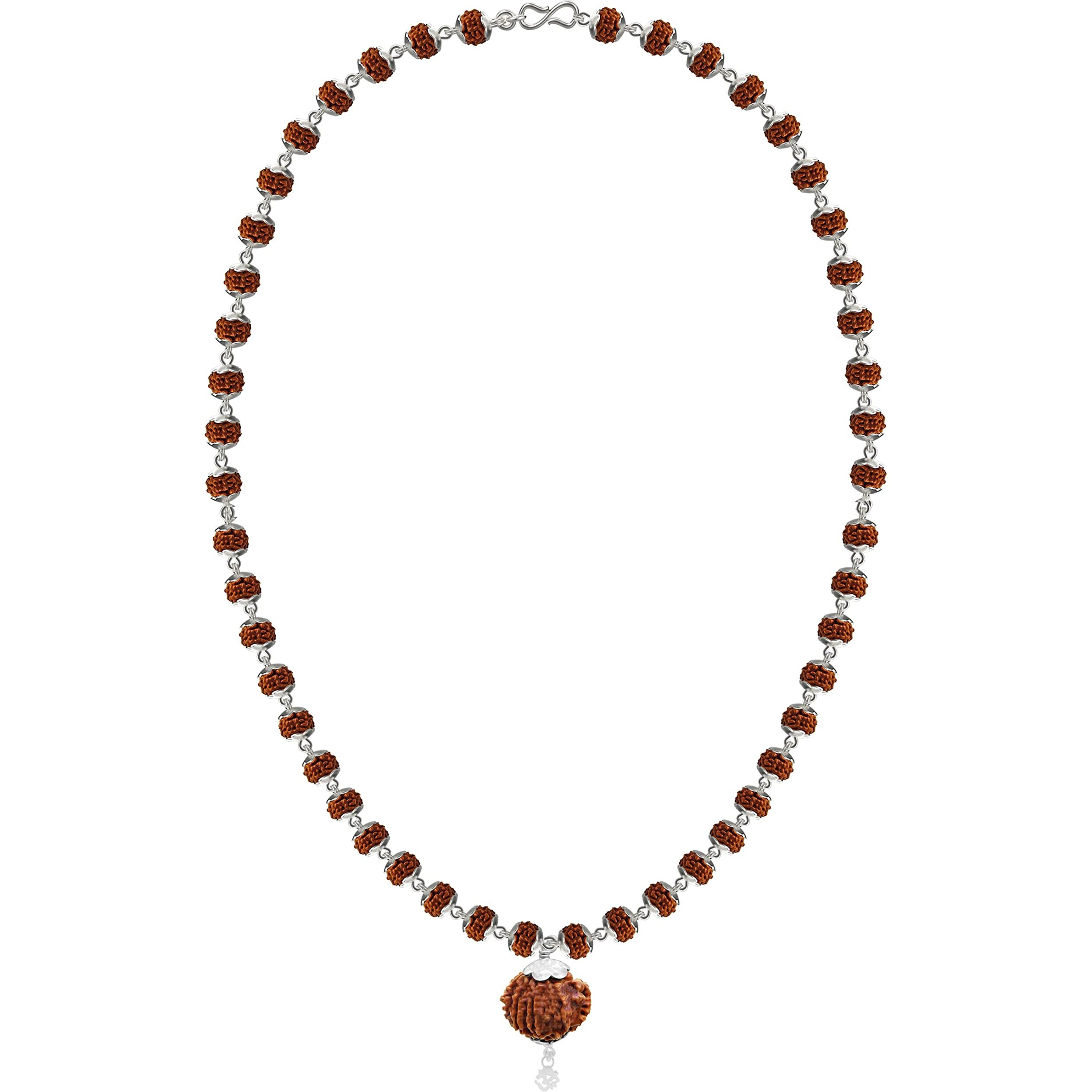 Njels 925 BIS Hallmark Silver Original Rudraksha Mala for Men | 5 Mukhi 6MM Size and 54 Rudraksha Beads | 15MM Rudraksha Pendant with Silver OM | Gemmological Lab Certified Ruthratcham Malai for Men