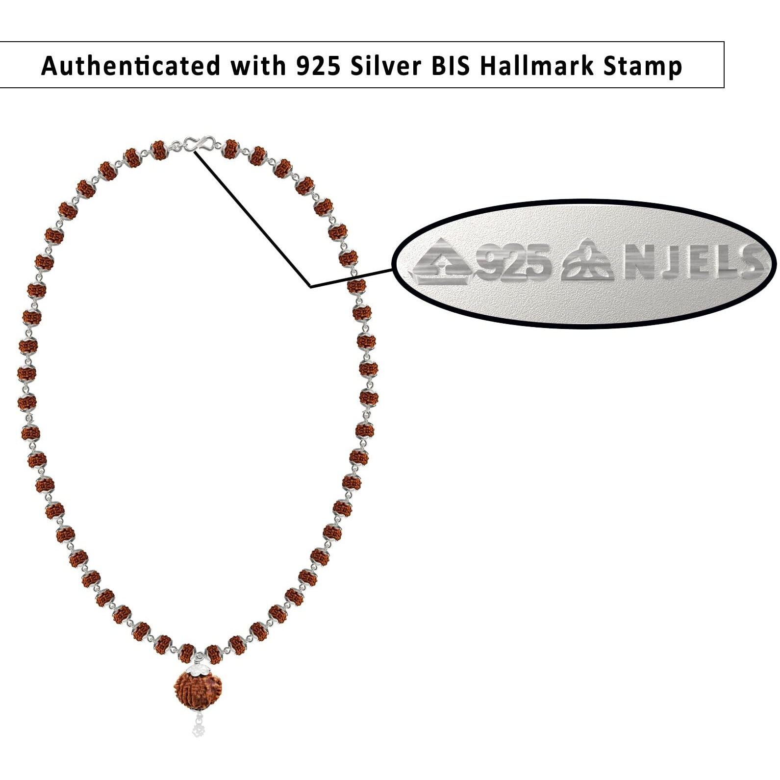 Njels 925 BIS Hallmark Silver Original Rudraksha Mala for Men | 5 Mukhi 6MM Size and 54 Rudraksha Beads | 15MM Rudraksha Pendant with Silver OM | Gemmological Lab Certified Ruthratcham Malai for Men