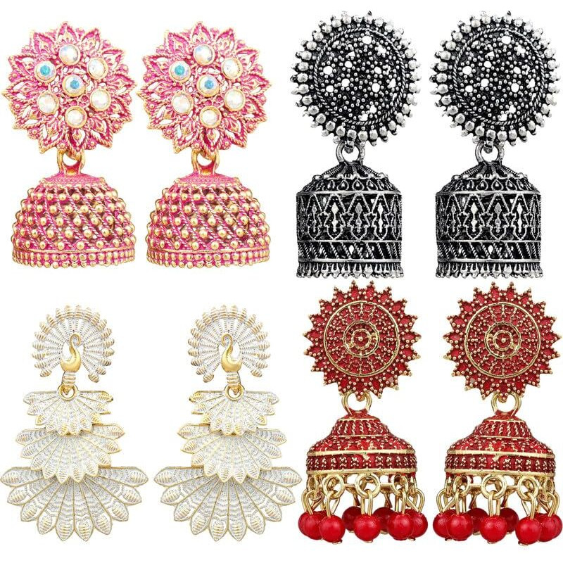 Fashion Frill Earrings For Women Silver Gold Plated Floral Earrings Combo Jhumki Earrings For Women Girls Pair of 4